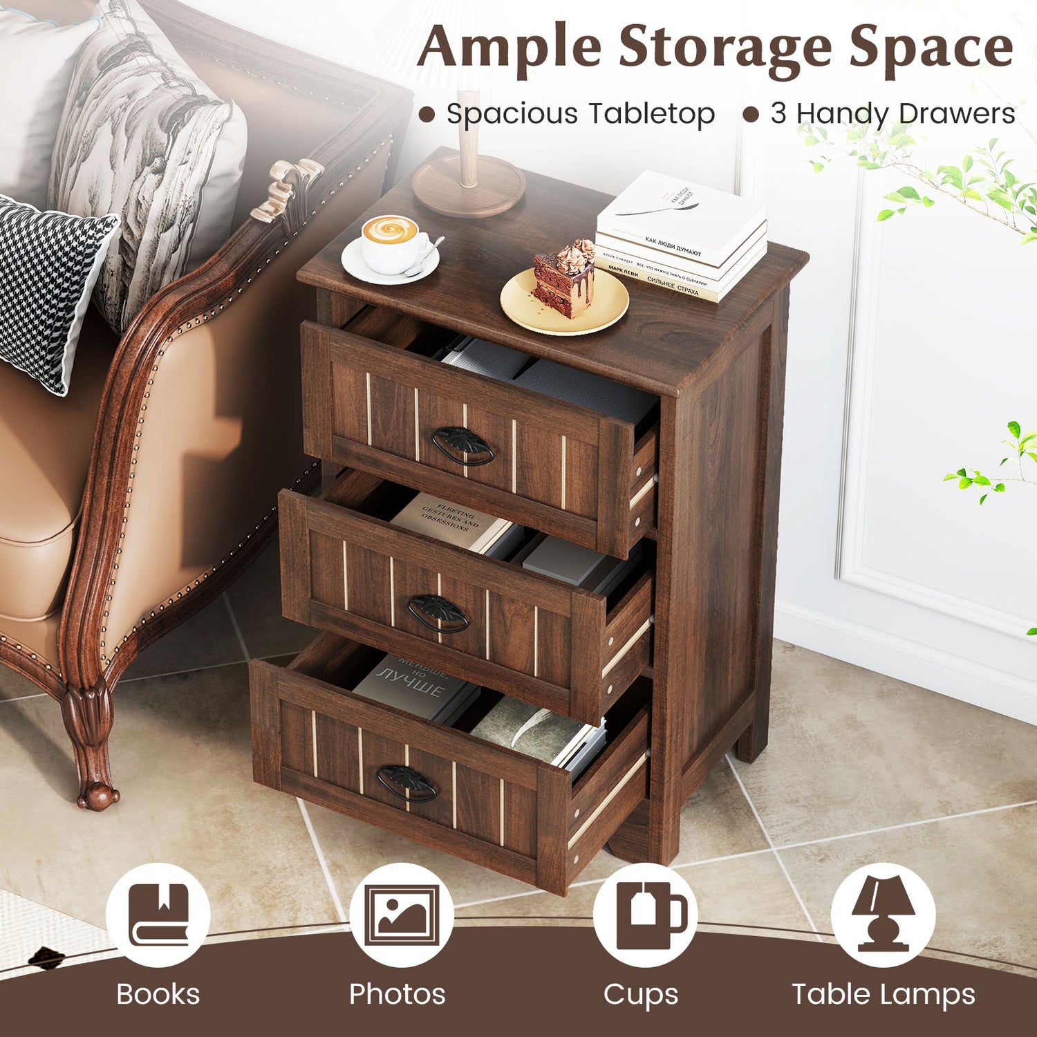 Farmhouse Nightstand with 3 Storage Drawers and Handles
