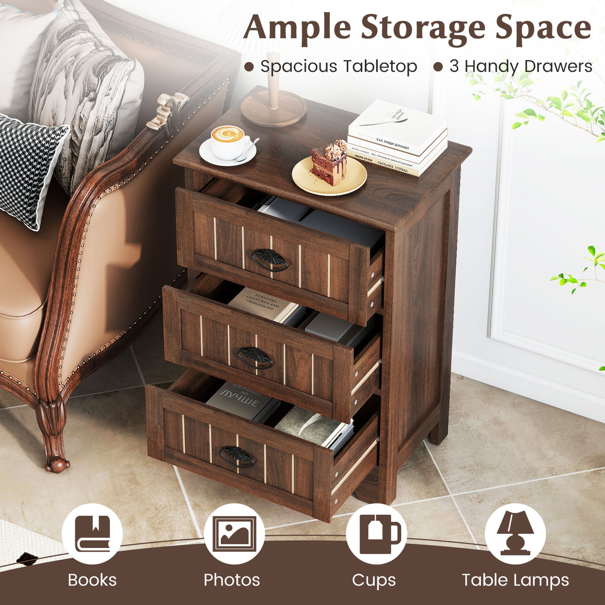 Farmhouse Nightstand with 3 Storage Drawers and Handles