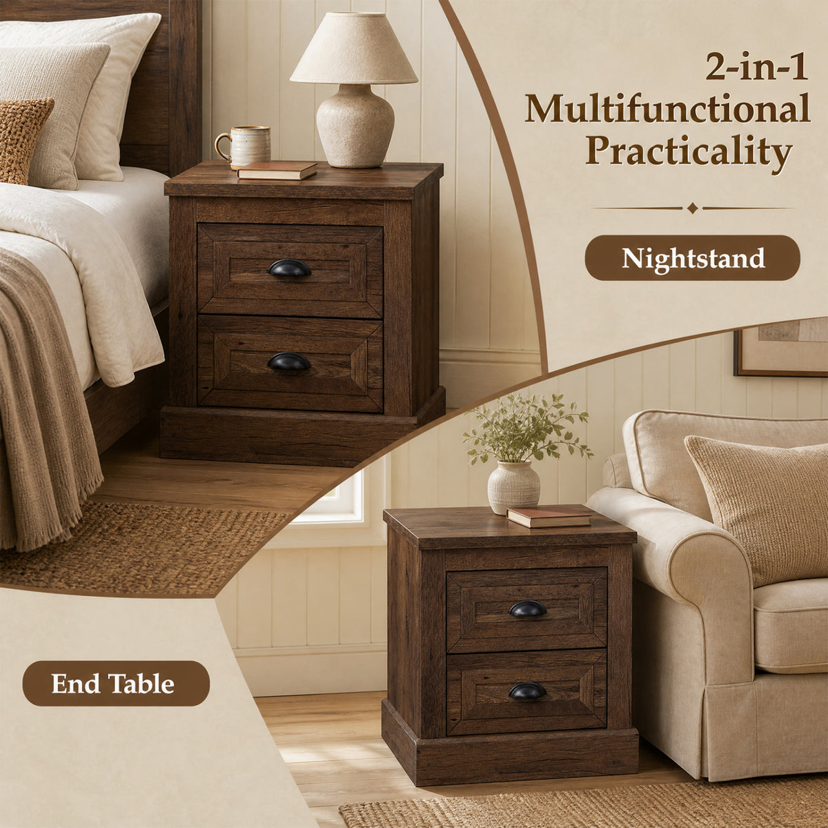 Farmhouse Nightstand with 2 Drawers & Storage for Living Room Bedroom-Brown