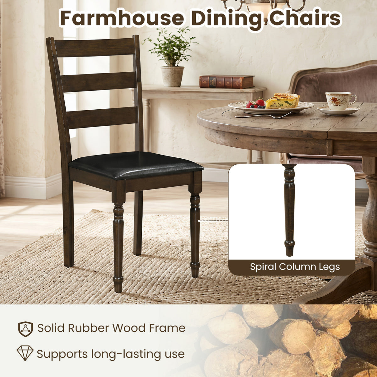 Farmhouse PU Leather Upholstered Dining Chairs Set of 4-Brown