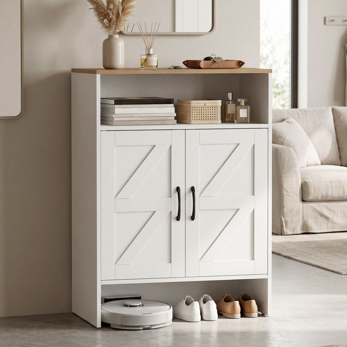 Farmhouse Shoe Cabinet with 2 Barn Doors and Open Shelf for Entryway-White