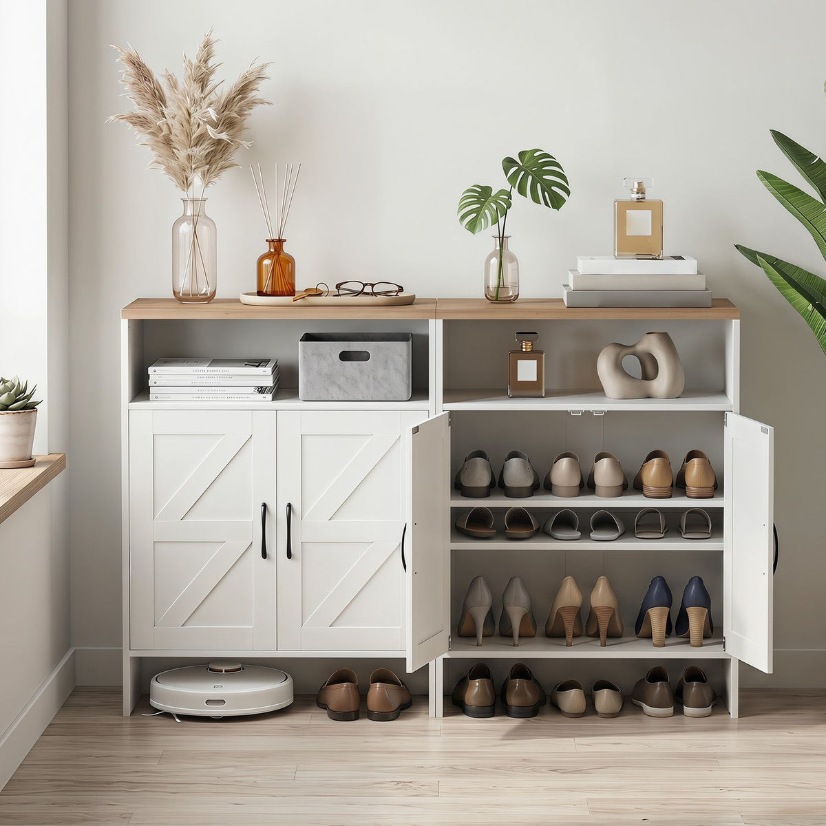 Farmhouse Shoe Cabinet with 2 Barn Doors and Open Shelf for Entryway-White