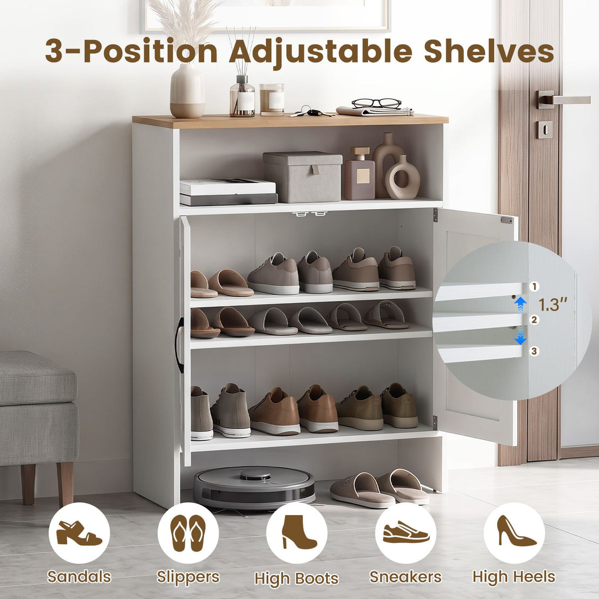 Farmhouse Shoe Cabinet with 2 Barn Doors and Open Shelf for Entryway-White