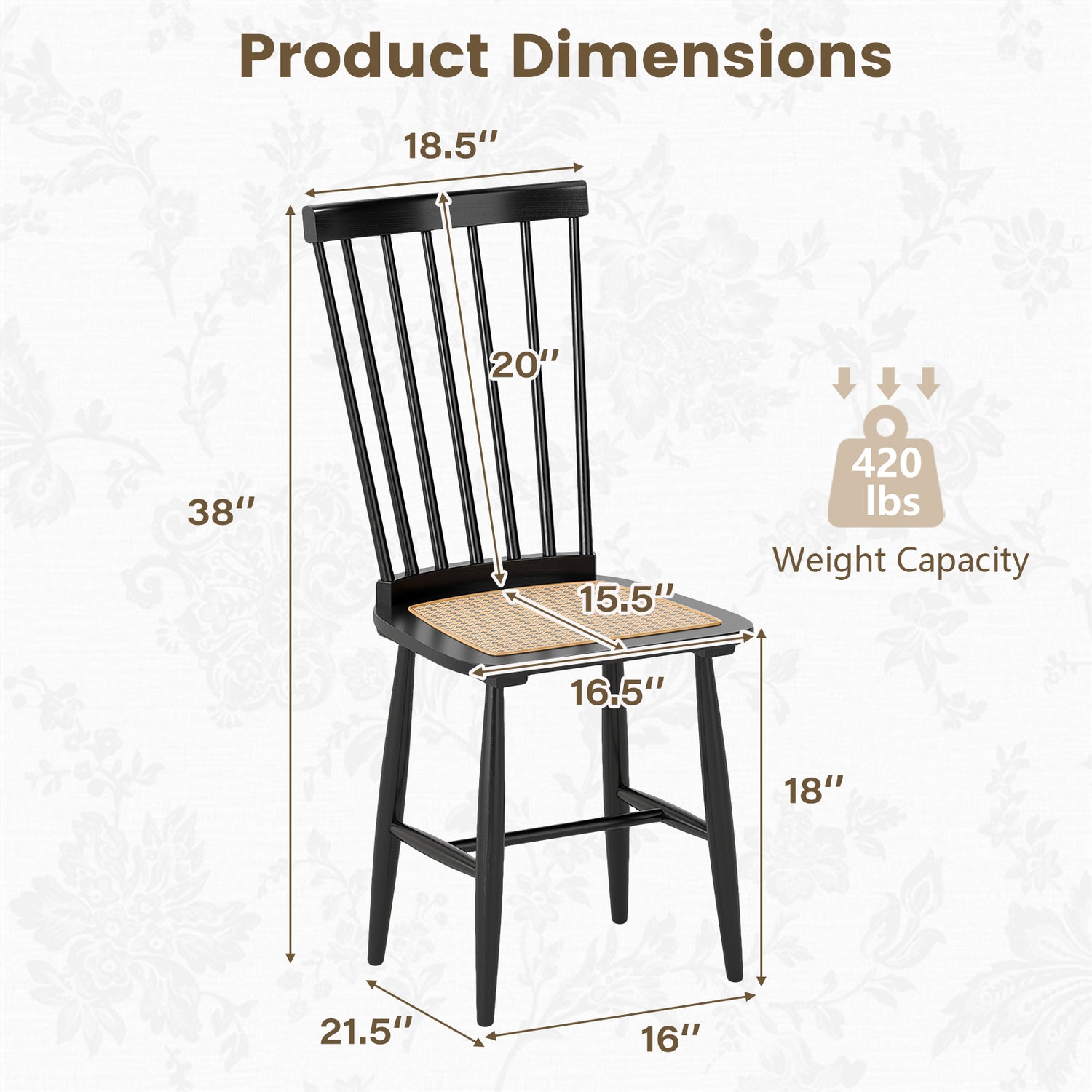 Farmhouse Solid Rubber Wood Dining Chairs Set of 2 with PE Rattan Seats-Black