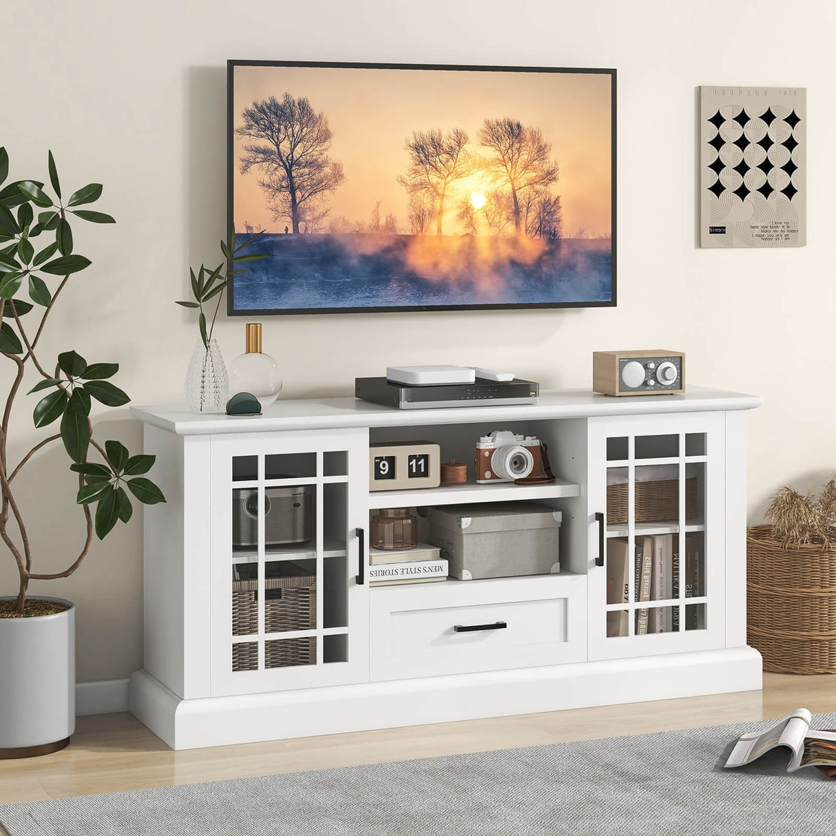 TV Stand for TVs up to 70 with Glass Doors Cubbies and Drawer