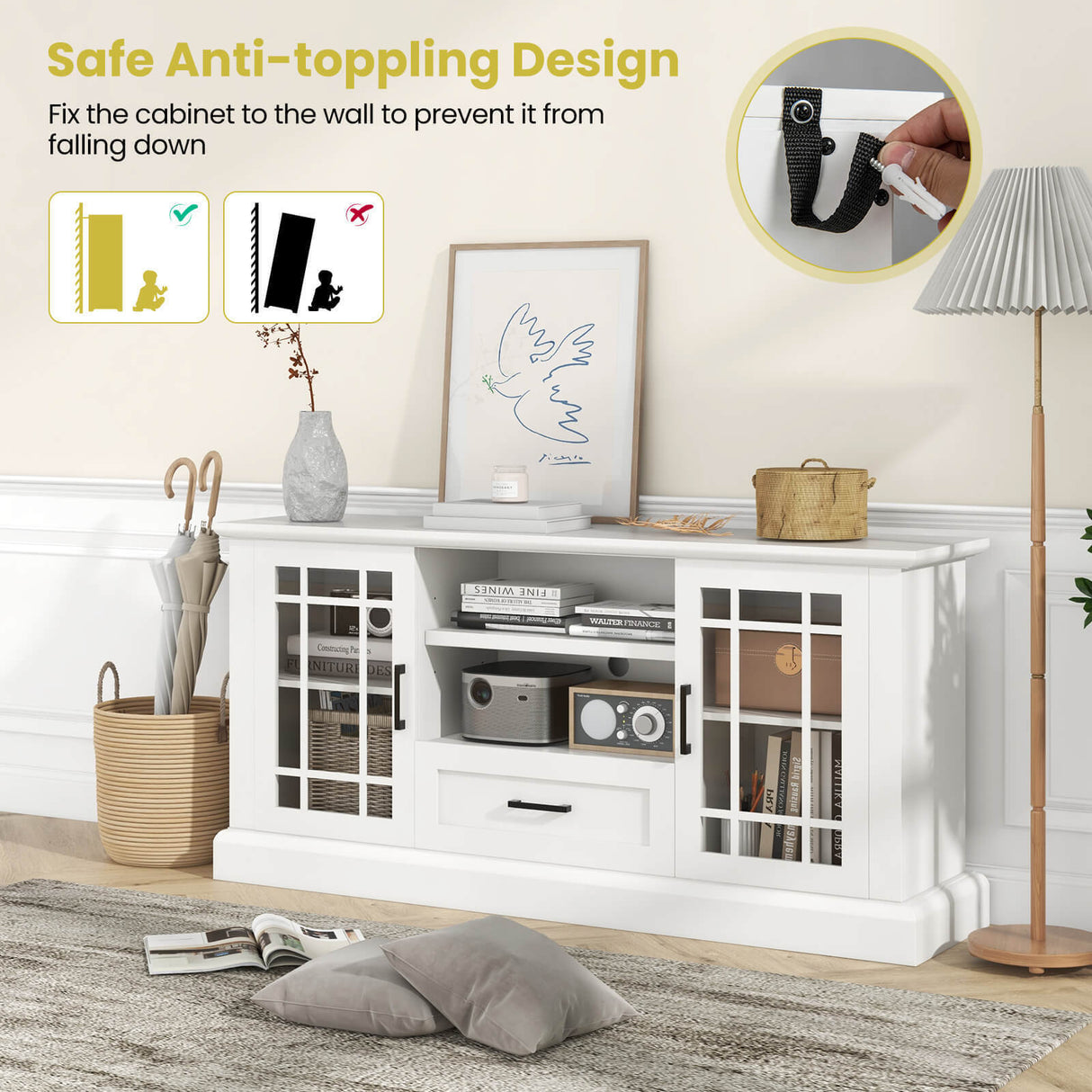 TV Stand for TVs up to 70 with Glass Doors Cubbies and Drawer