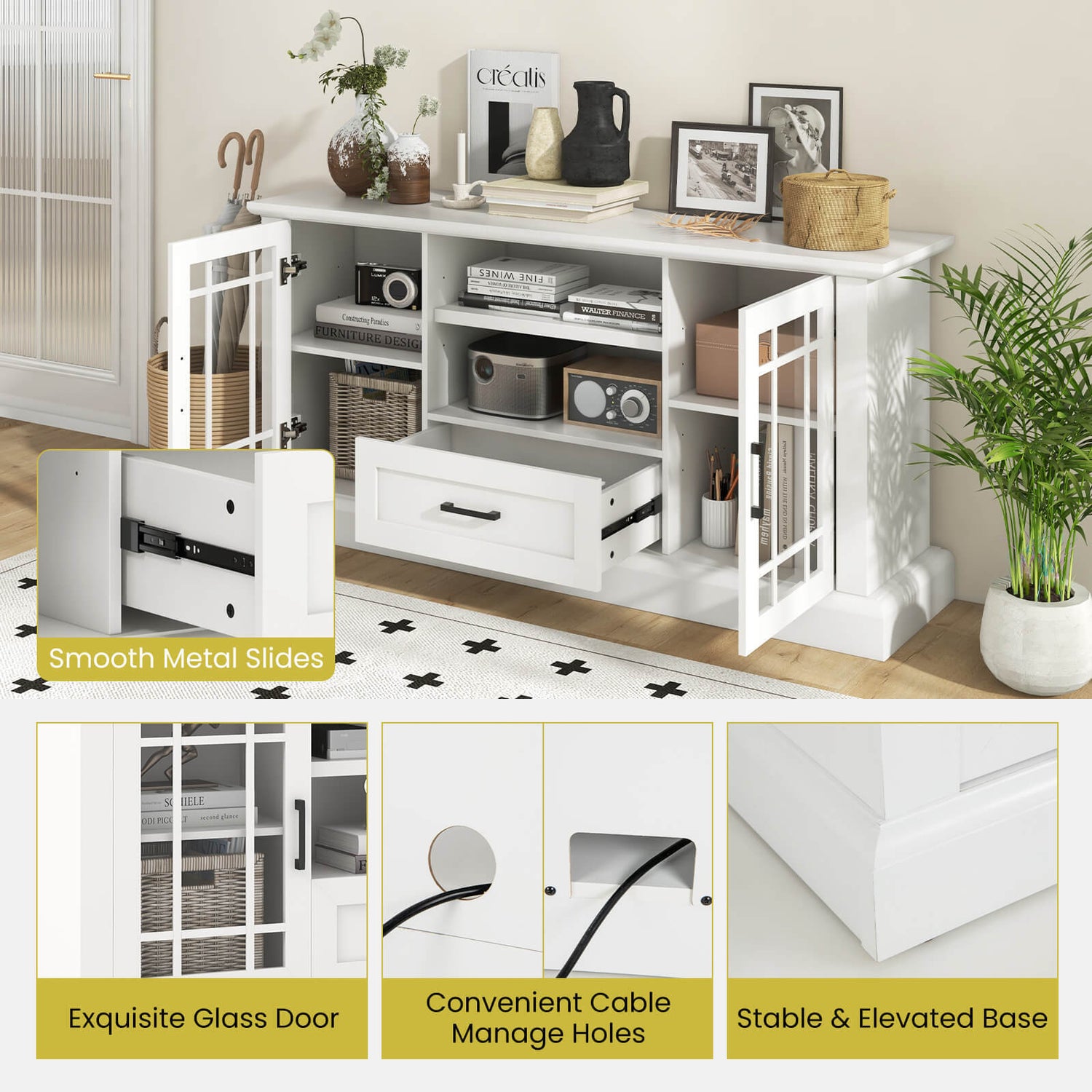 TV Stand for TVs up to 70 with Glass Doors Cubbies and Drawer