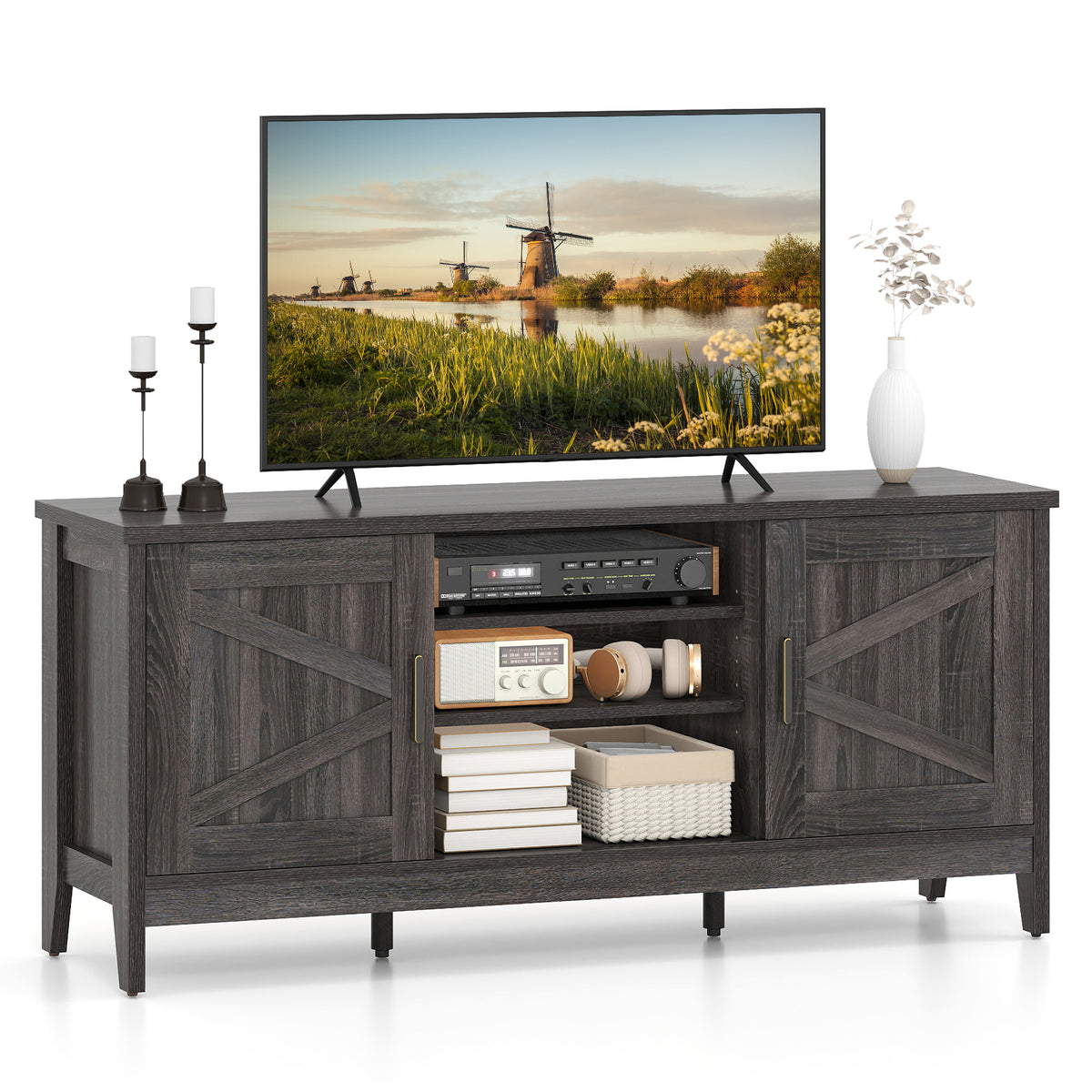 Farmhouse TV Stand for TVs up to 65 Inch Entertainment Center with 2 Storage Cabinets-Gray