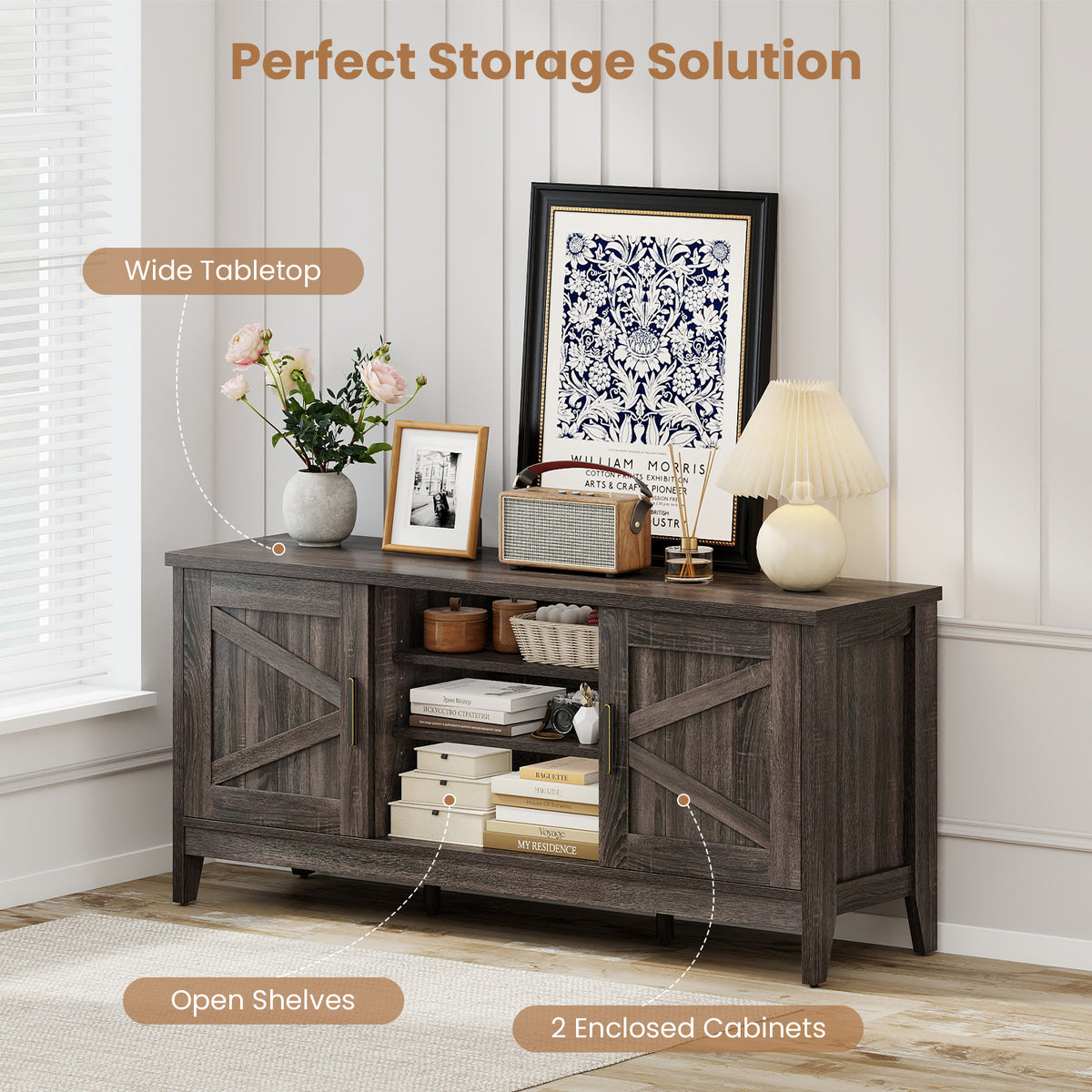 Farmhouse TV Stand for TVs up to 65 Inch Entertainment Center with 2 Storage Cabinets-Gray