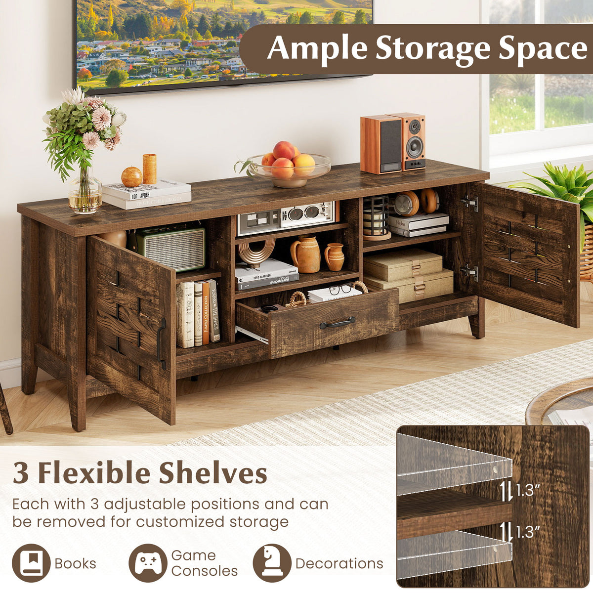 Farmhouse TV Stand for 65 Inch TVs with 2 Woven Accent Doors and 3 Adjustable Shelves