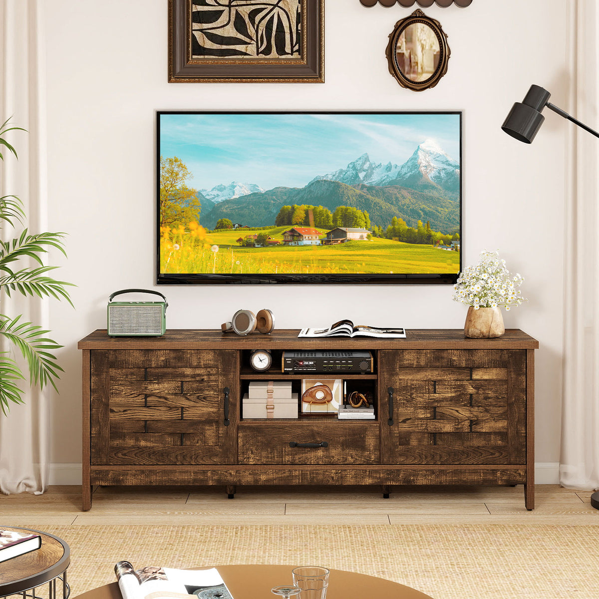 Farmhouse TV Stand for 65 Inch TVs with 2 Woven Accent Doors and 3 Adjustable Shelves