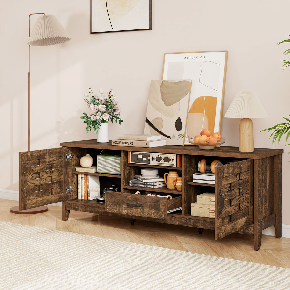 Farmhouse TV Stand for 65 Inch TVs with 2 Woven Accent Doors and 3 Adjustable Shelves