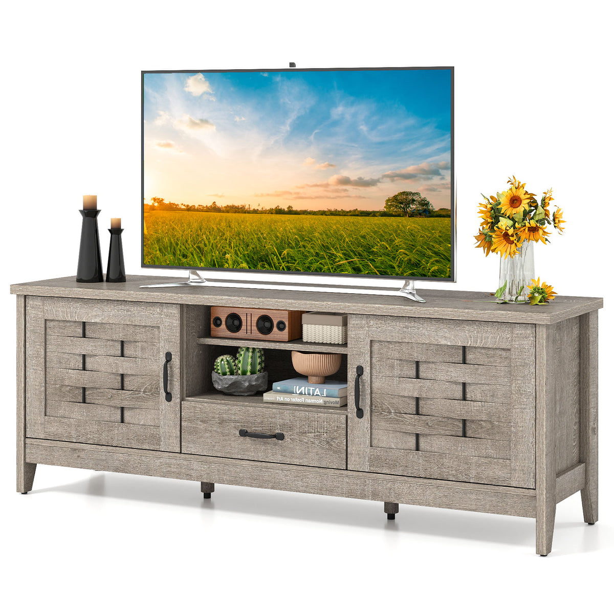 Farmhouse TV Stand for 65 Inch TVs with 2 Woven Accent Doors and 3 Adjustable Shelves
