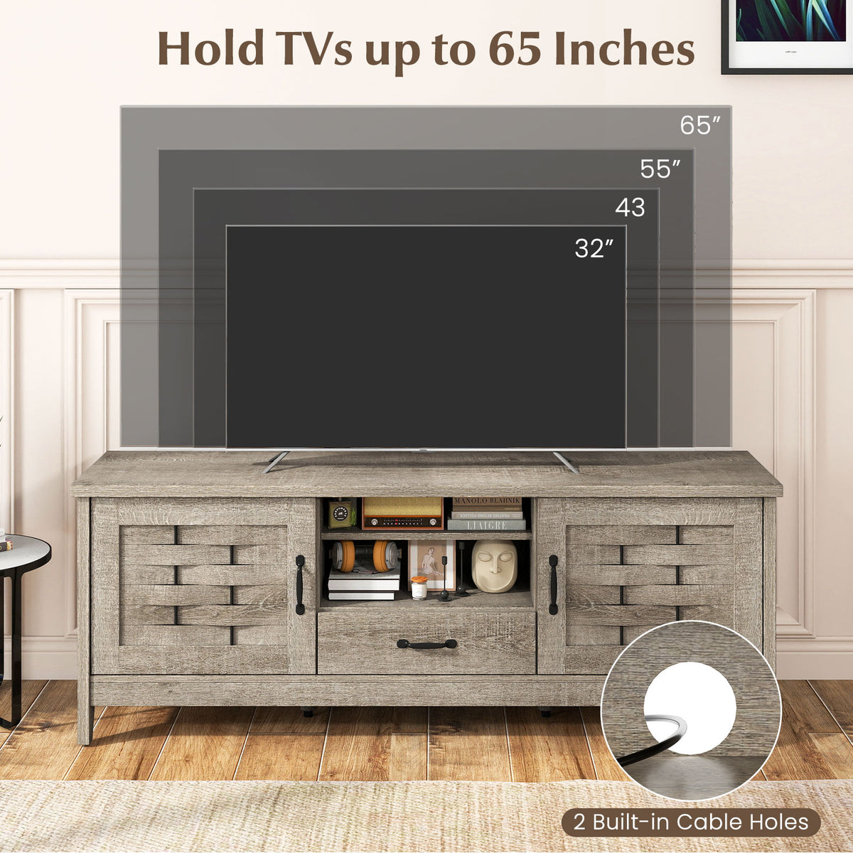 Farmhouse TV Stand for 65 Inch TVs with 2 Woven Accent Doors and 3 Adjustable Shelves