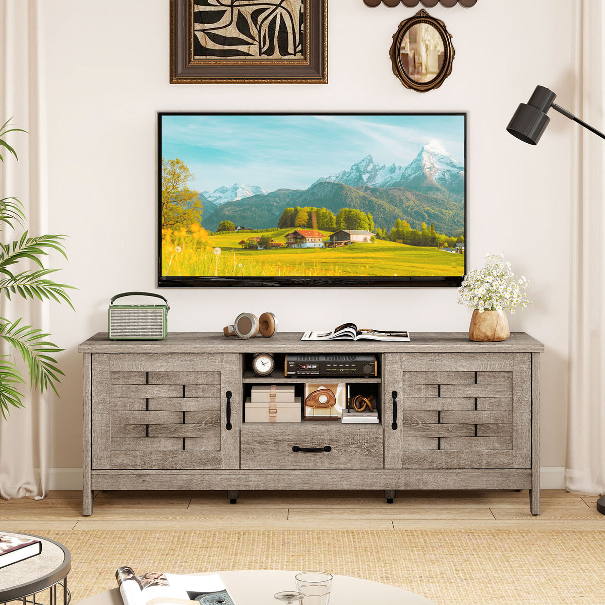 Farmhouse TV Stand for 65 Inch TVs with 2 Woven Accent Doors and 3 Adjustable Shelves