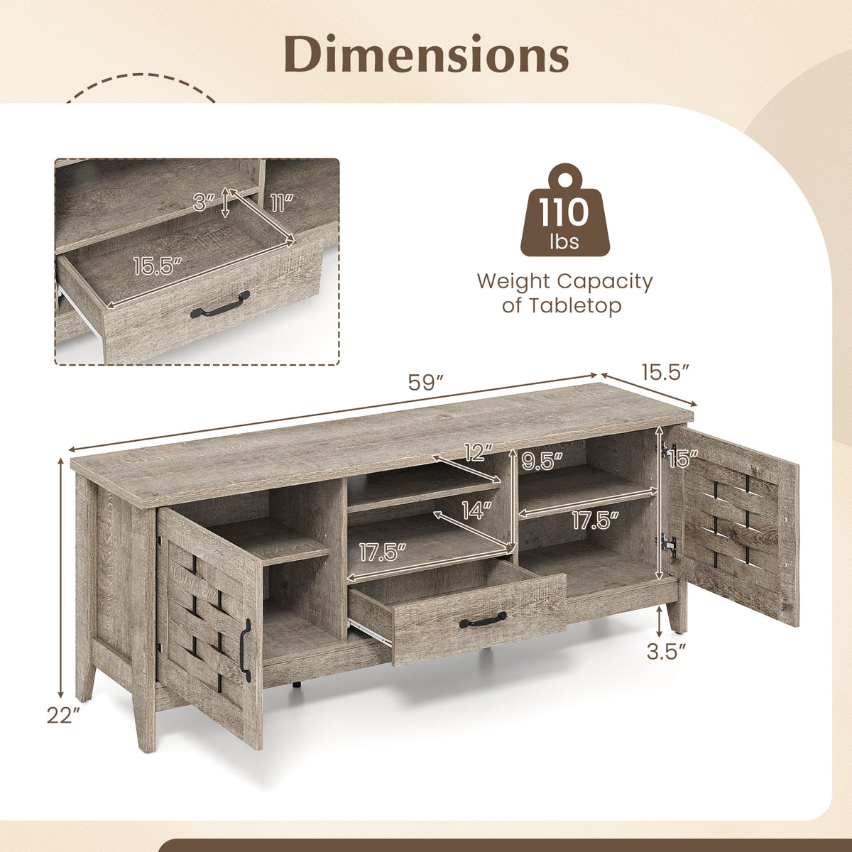 Farmhouse TV Stand for 65 Inch TVs with 2 Woven Accent Doors and 3 Adjustable Shelves