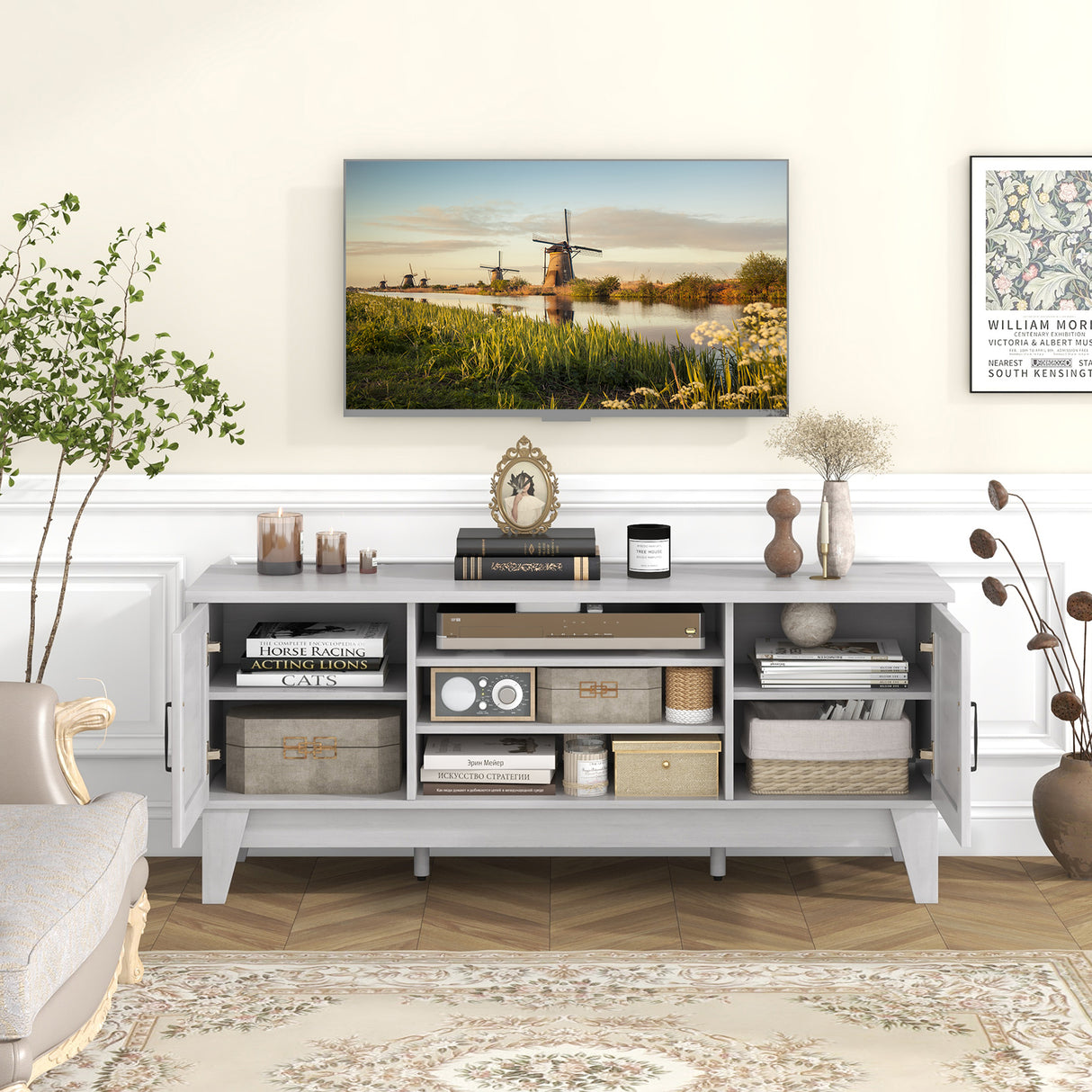 Farmhouse TV Stand for TVs Up to 65 Inches with 2 Barn Door Cabinets-Gray
