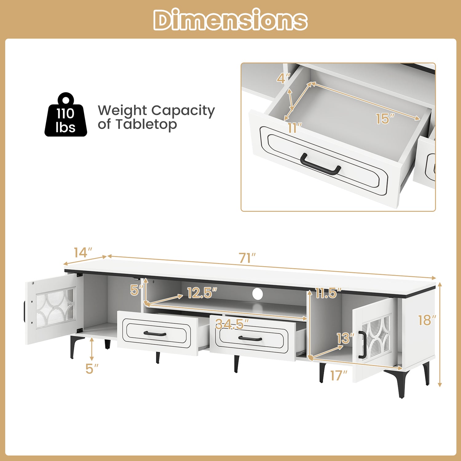 Farmhouse TV Stand for TVs up to 80 Inch with 2 Drawers