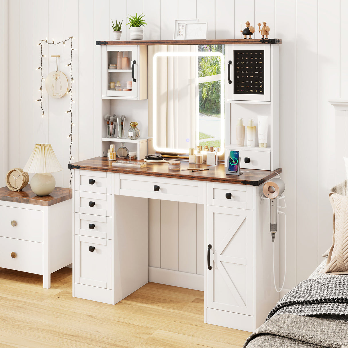 Farmhouse Vanity Desk with Lighted Mirror and 3 Doors-White