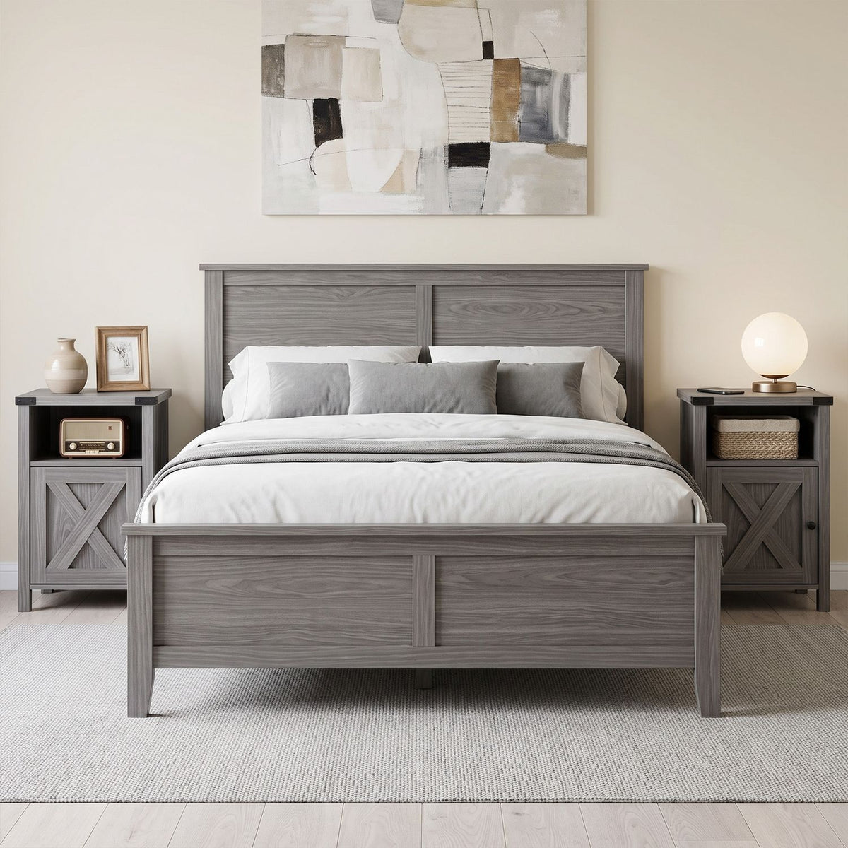 Farmhouse Wooden Nightstand with Barn Door and Storage Cabinet-2Pack/Cabinet-1pack