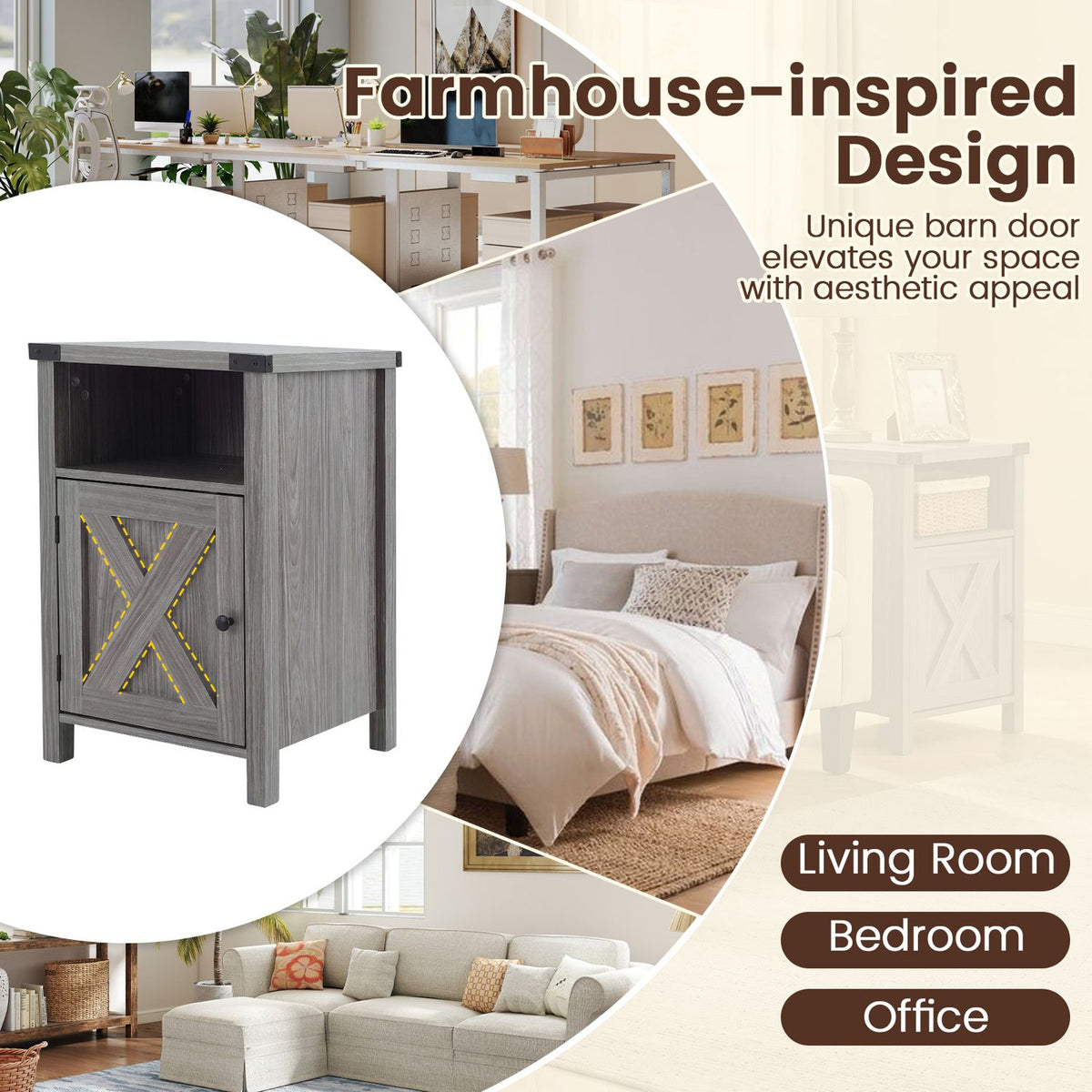 Farmhouse Wooden Nightstand with Barn Door and Storage Cabinet-2Pack/Cabinet-1pack