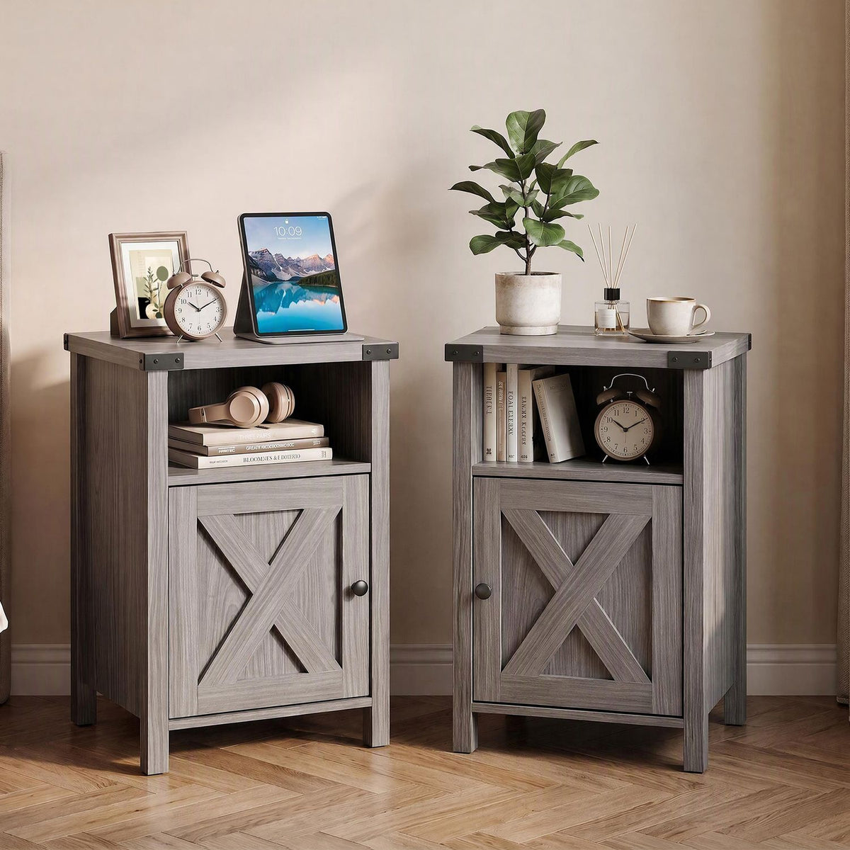 Farmhouse Wooden Nightstand with Barn Door and Storage Cabinet-2Pack/Cabinet-1pack