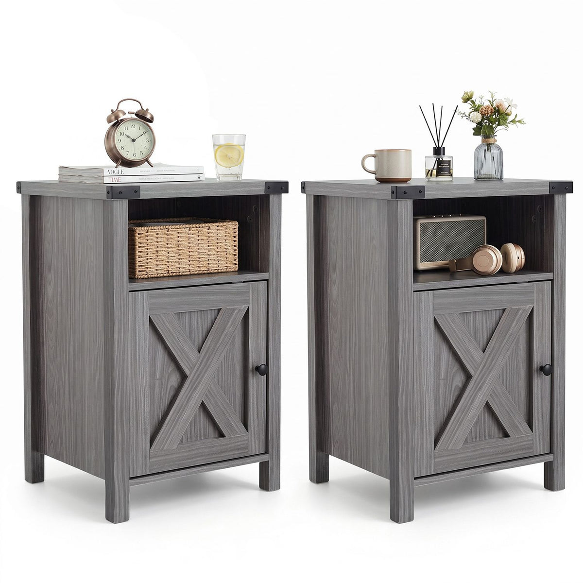 Farmhouse Wooden Nightstand with Barn Door and Storage Cabinet-2Pack/Cabinet-1pack