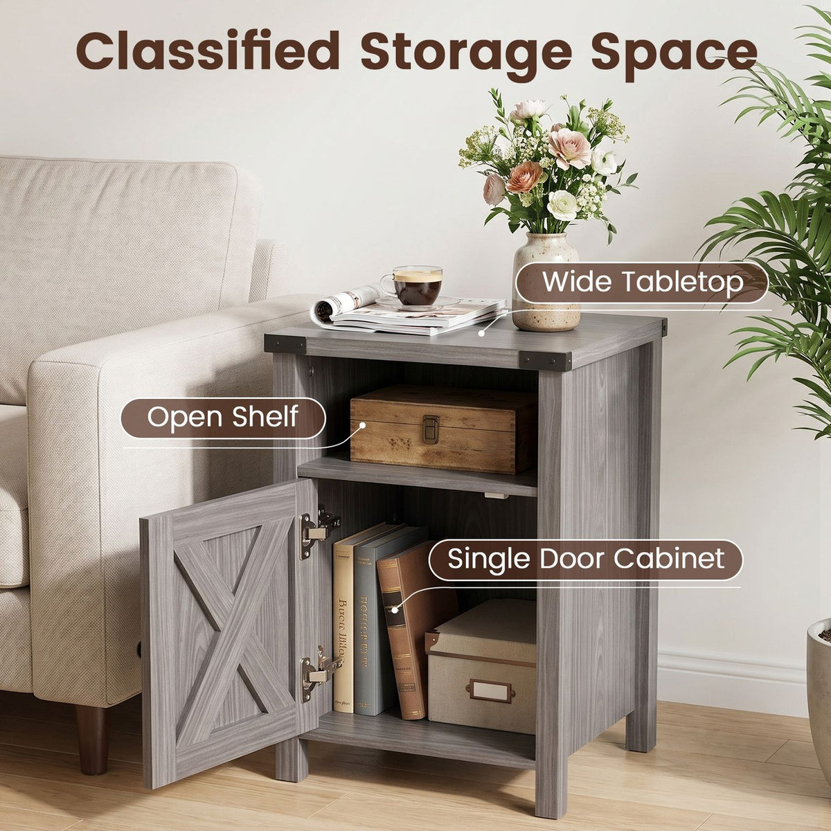 Farmhouse Wooden Nightstand with Barn Door and Storage Cabinet-2Pack/Cabinet-1pack