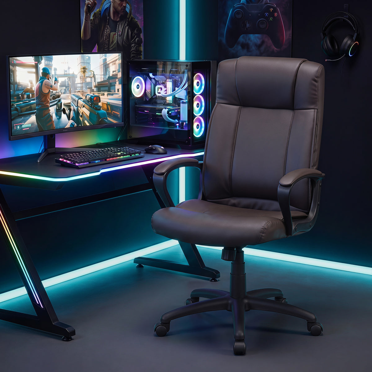 Faux Leather Office Chair Computer Desk Chair with Rocking Function