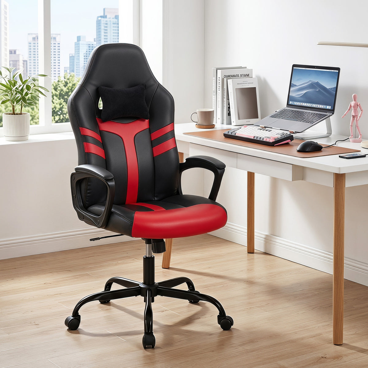Faux Leather Upholstered Office Chair with Removable Head Pillow and Rocking Function