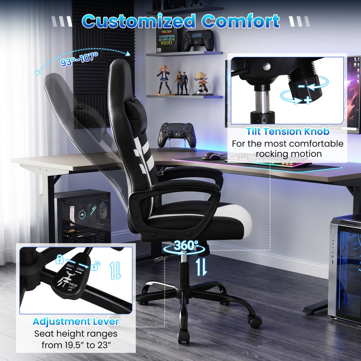 Faux Leather Upholstered Office Chair with Removable Head Pillow and Rocking Function