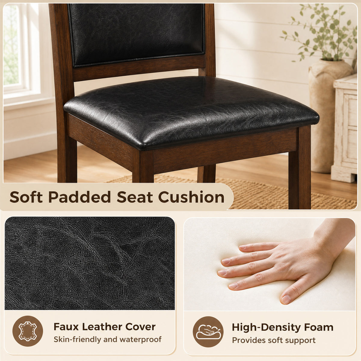 Faux Leather Upholstered Wooden Farmhouse Dining Chairs Set of 4-Walnut
