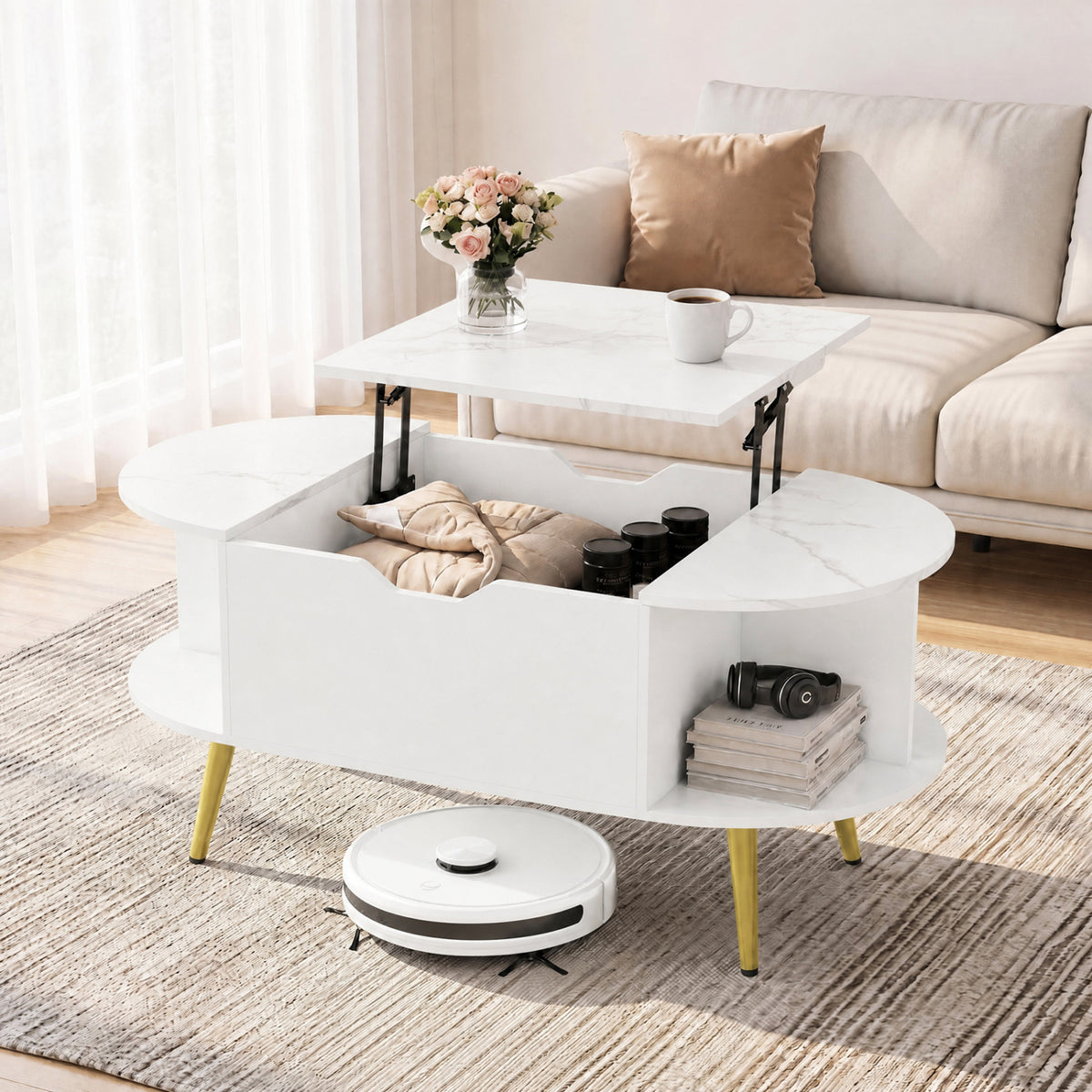 Faux Marble Lift Top Coffee Table with Hidden Compartment and Shelves