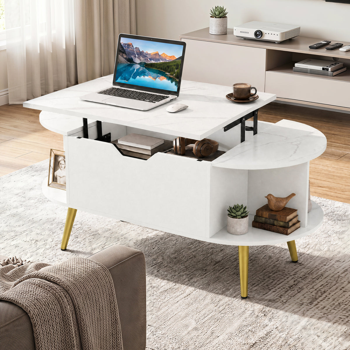 Faux Marble Lift Top Coffee Table with Hidden Compartment and Shelves