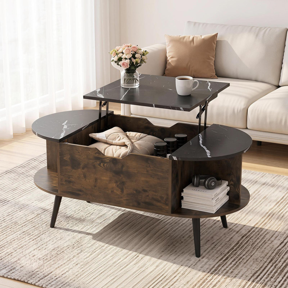 Faux Marble Lift Top Coffee Table with Hidden Compartment and Shelves