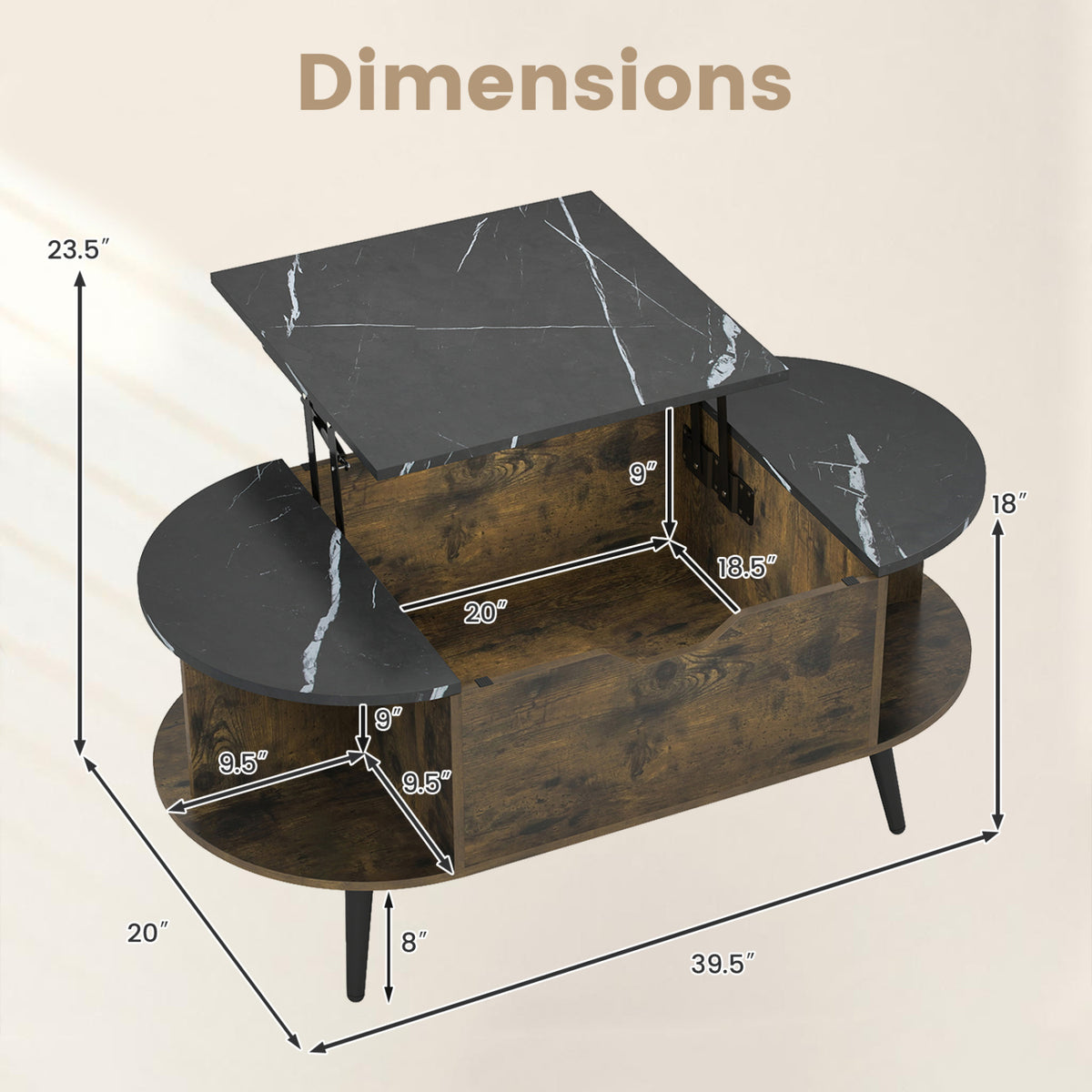 Faux Marble Lift Top Coffee Table with Hidden Compartment and Shelves