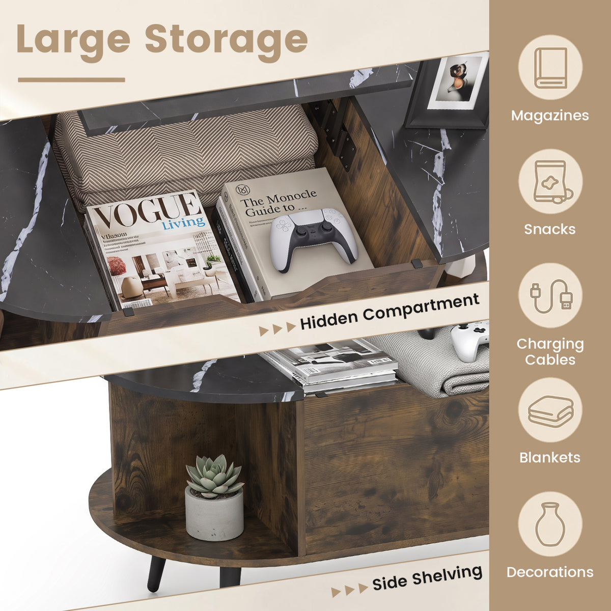 Faux Marble Lift Top Coffee Table with Hidden Compartment and Shelves