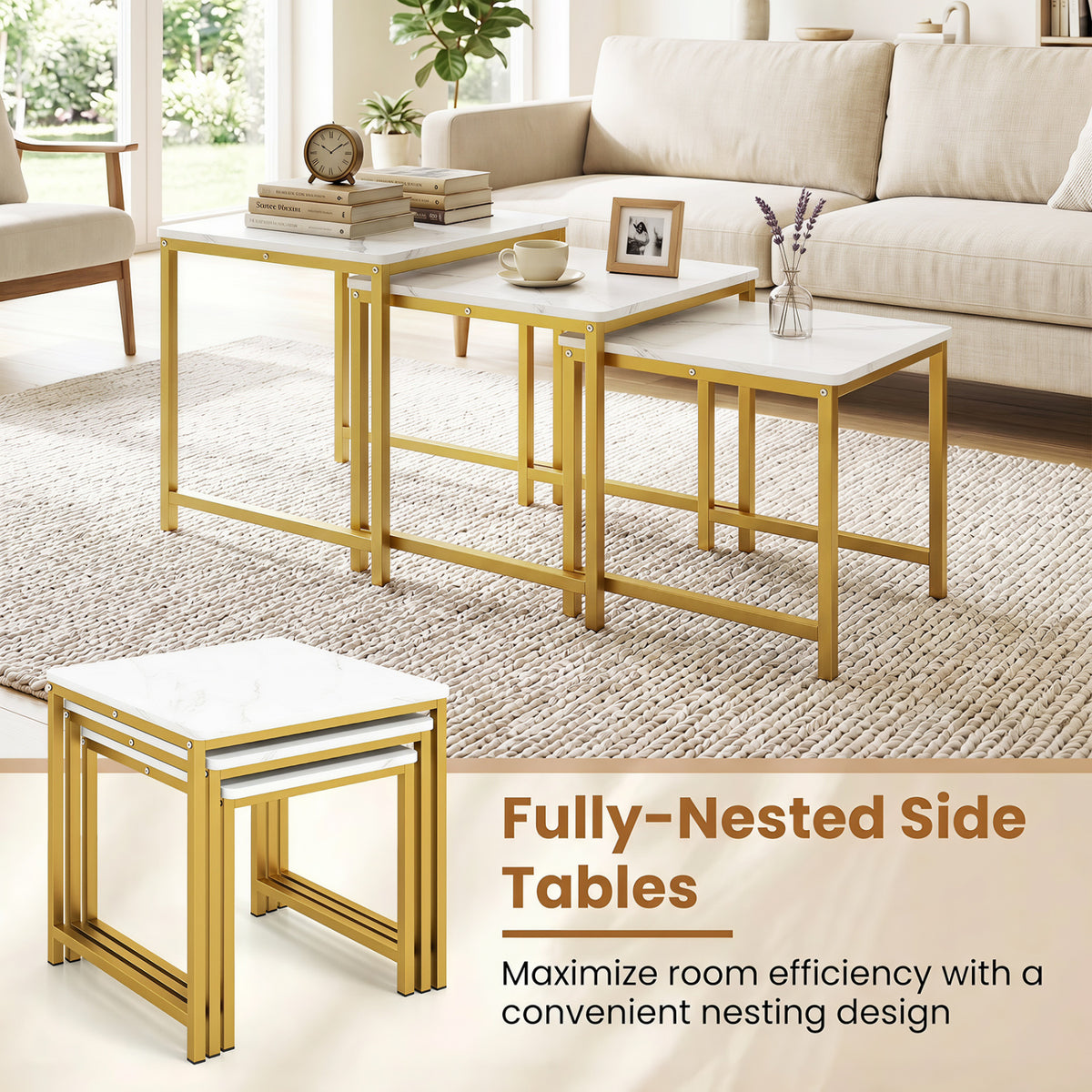 Faux Marble Nesting Table with Metal Frame Set of 3