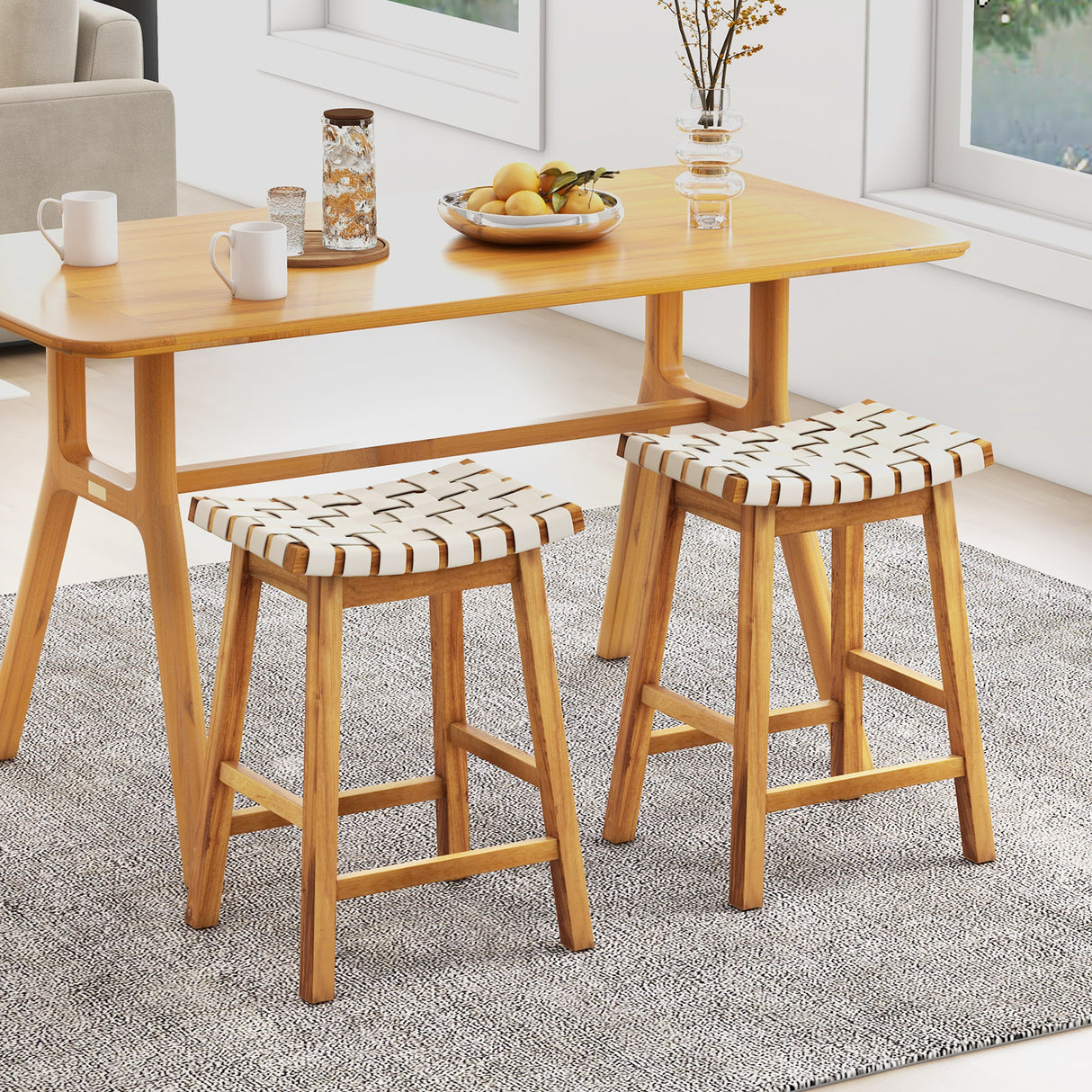Faux PU Leather Bar Stools Set of 2 with Woven Curved Seat Natural