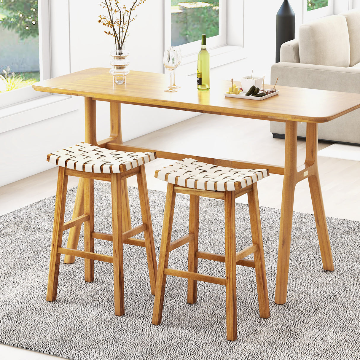 Faux PU Leather Bar Stools Set of 2 with Woven Curved Seat Natural