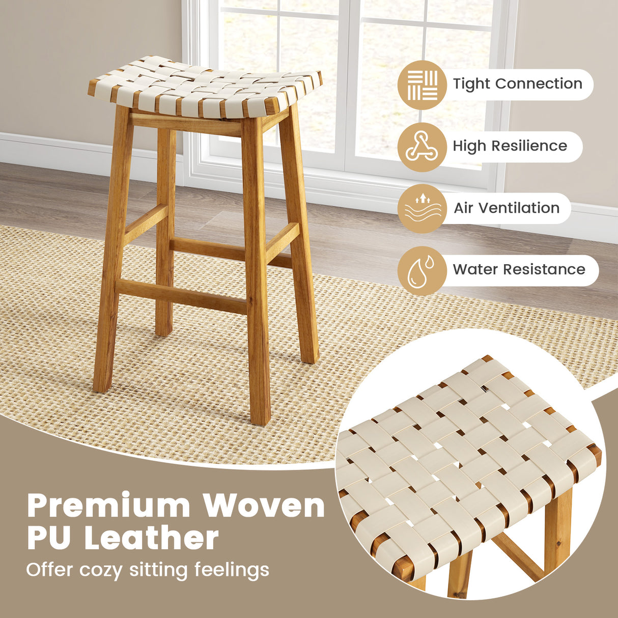 Faux PU Leather Bar Stools Set of 2 with Woven Curved Seat Natural