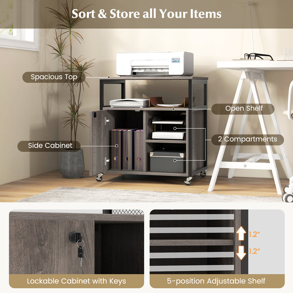 File Cabinet on Wheels with Charging Station and Cable Management Hole
