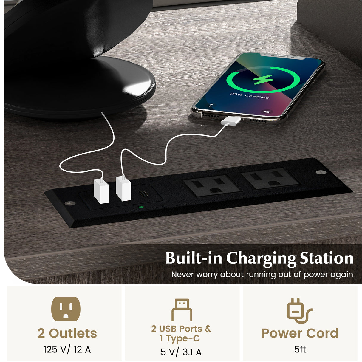 File Cabinet on Wheels with Charging Station and Cable Management Hole