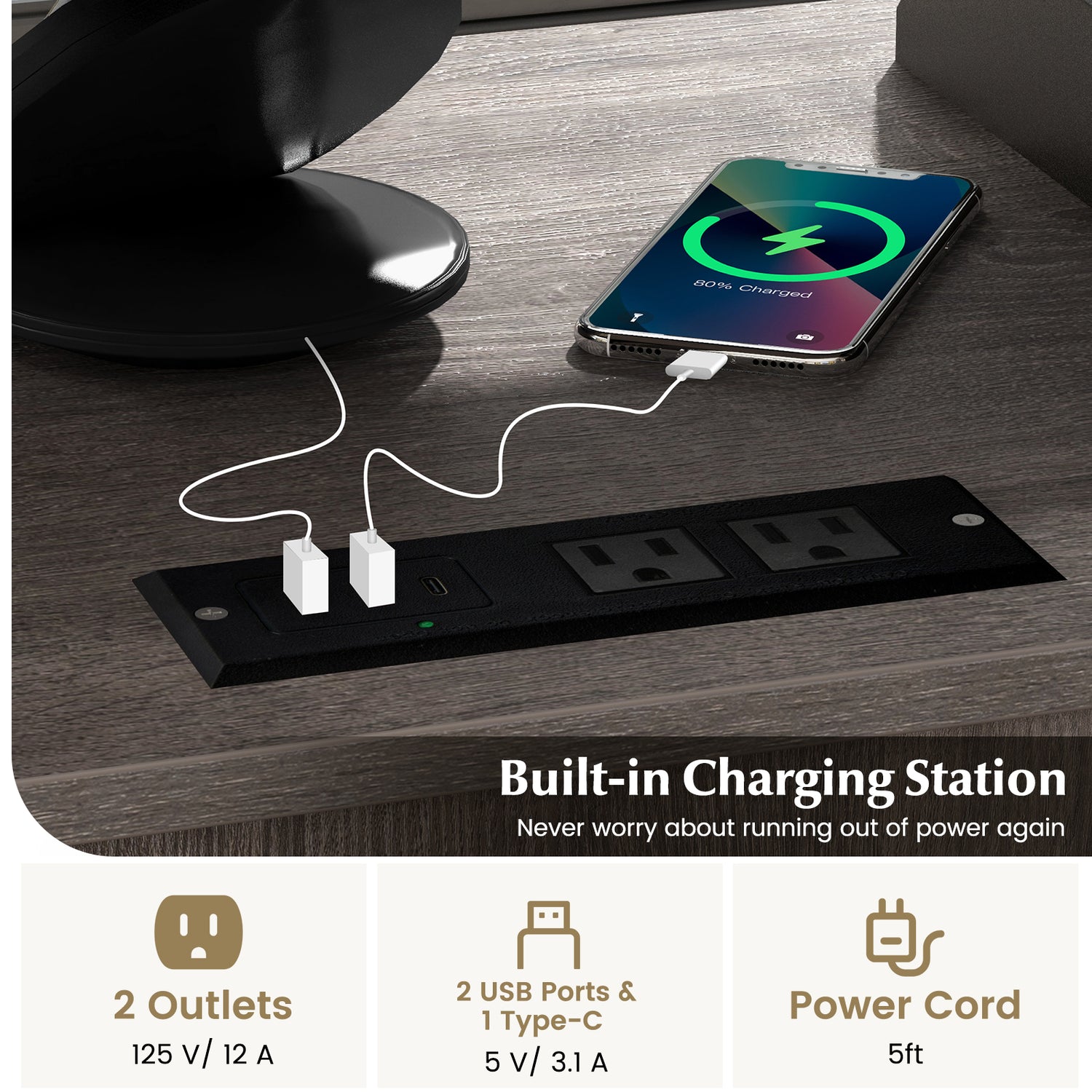 File Cabinet on Wheels with Charging Station and Cable Management Hole