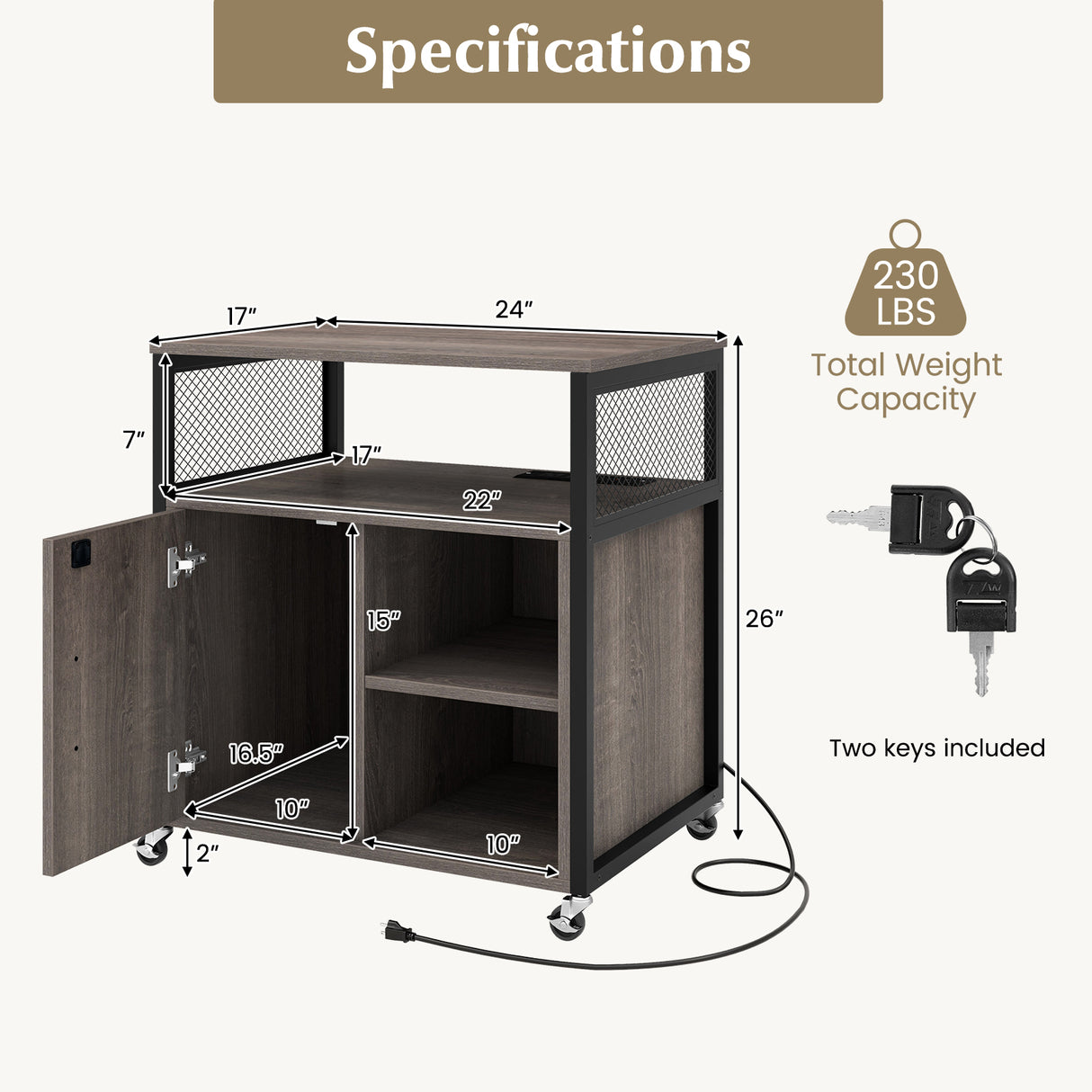 File Cabinet on Wheels with Charging Station and Cable Management Hole