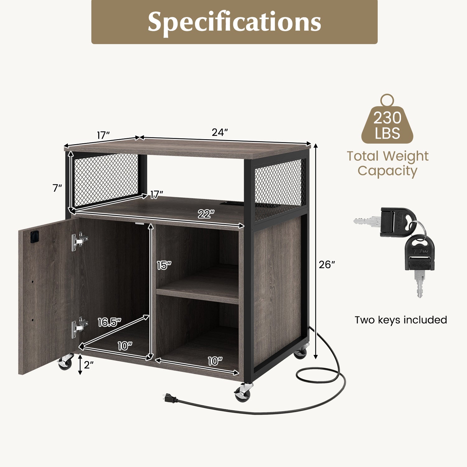 File Cabinet on Wheels with Charging Station and Cable Management Hole