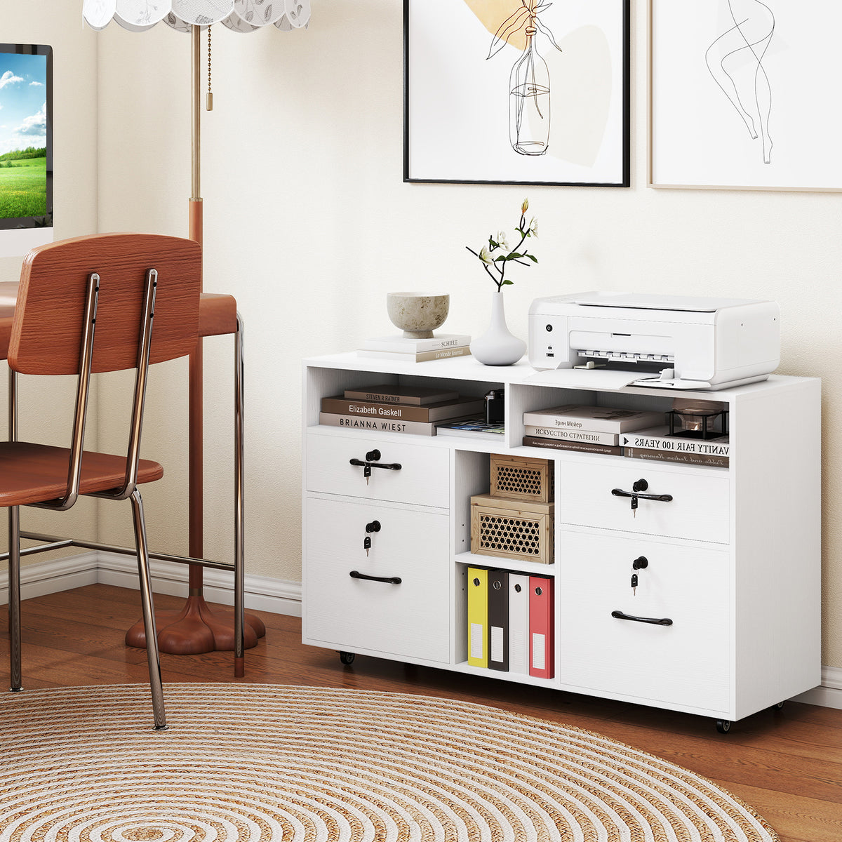 File Cabinet with Lock Mobile Lateral Filing Storage Organizer Modern Rolling Printer Stand