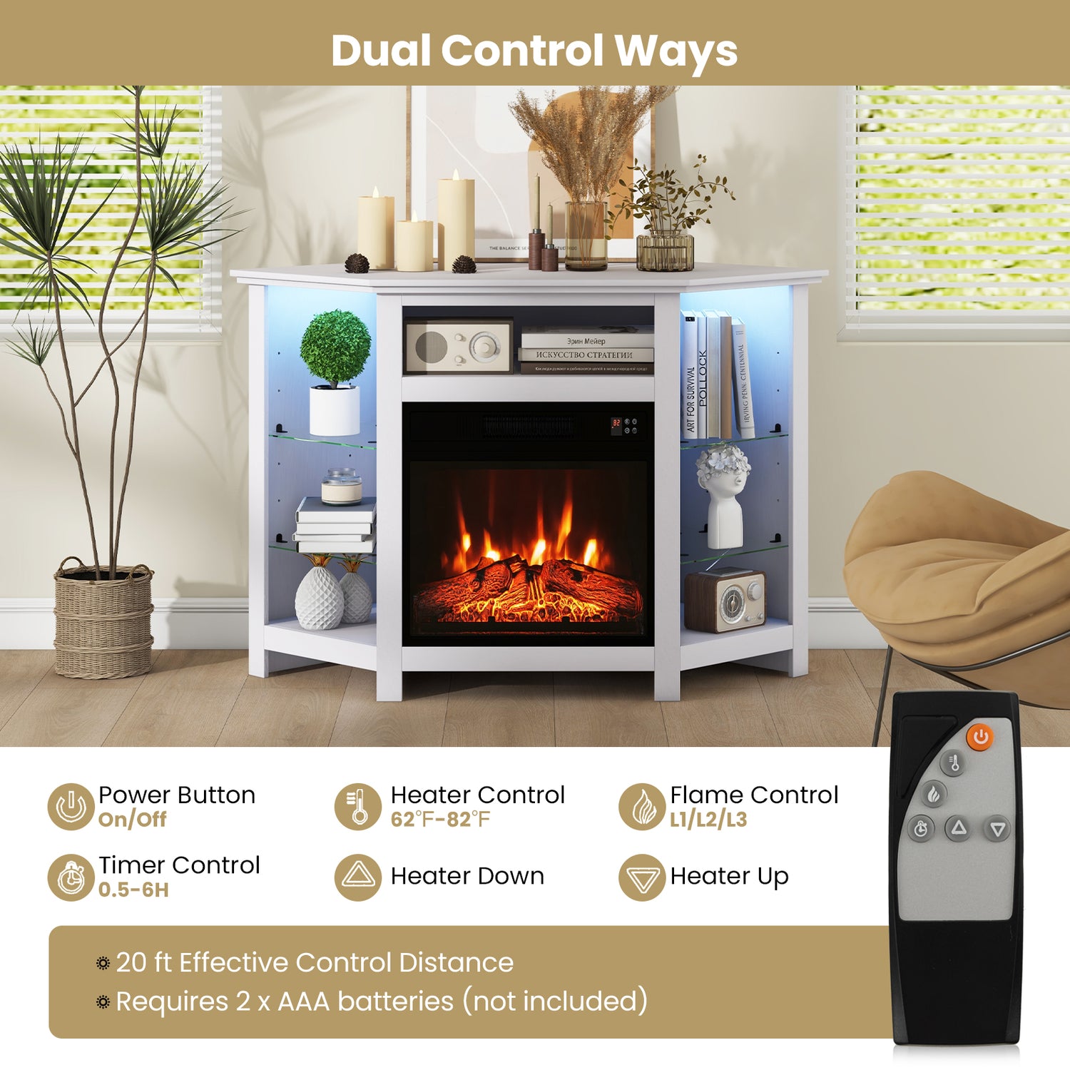 Fireplace Corner TV Stand with LED Lights and Smart APP Control for 50 Inches TV