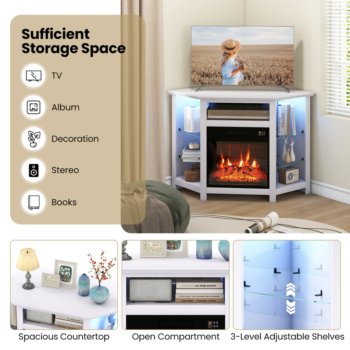Fireplace Corner TV Stand with LED Lights and Smart APP Control for 50 Inches TV