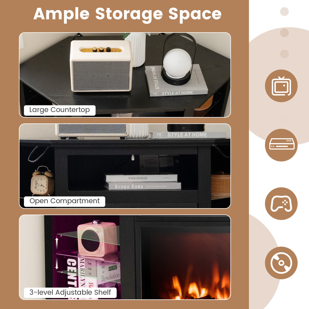 Fireplace Corner TV Stand with LED Lights and Smart APP Control for 50 Inches TV